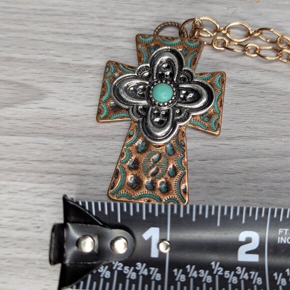 Copper & Turquoise Cross Pendant Necklace 2" x 1.5" w/Chain Necklace - Picture 10 of 11